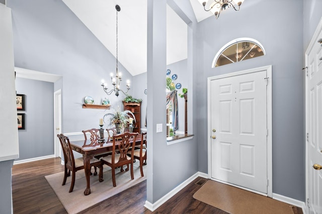 256 Granger View Cir, Franklin, TN 37064 - entryway featuring a chandelier, high vaulted ceiling, and dark wood finished floors
