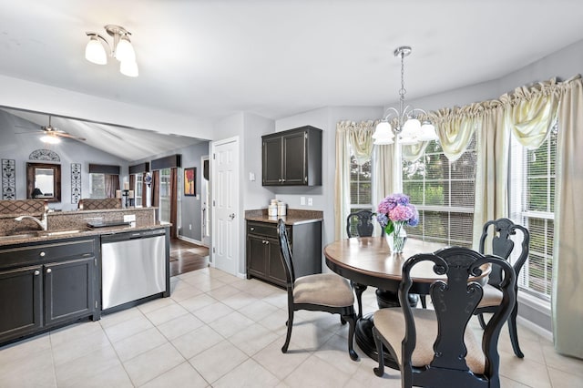 256 Granger View Cir, Franklin, TN 37064 - kitchen with dishwasher, a chandelier, tasteful backsplash, light tile patterned floors, and lofted ceiling