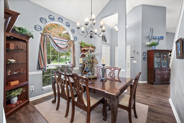 256 Granger View Cir, Franklin, TN 37064 - dining room with dark wood-type flooring, high vaulted ceiling, and a chandelier