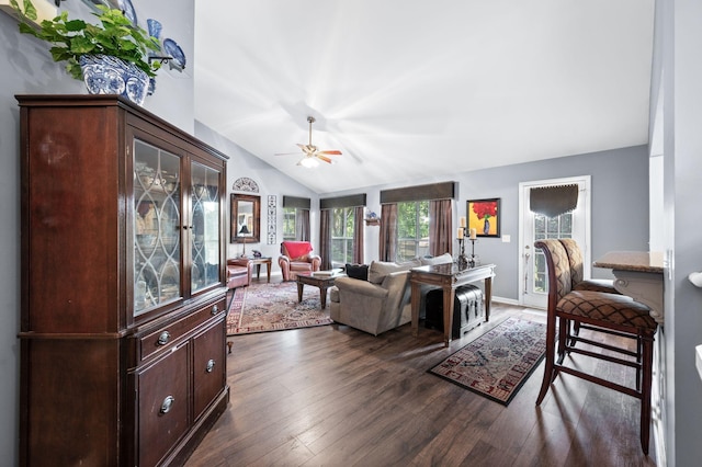 256 Granger View Cir, Franklin, TN 37064 - living room featuring dark wood-style flooring, lofted ceiling, and a ceiling fan