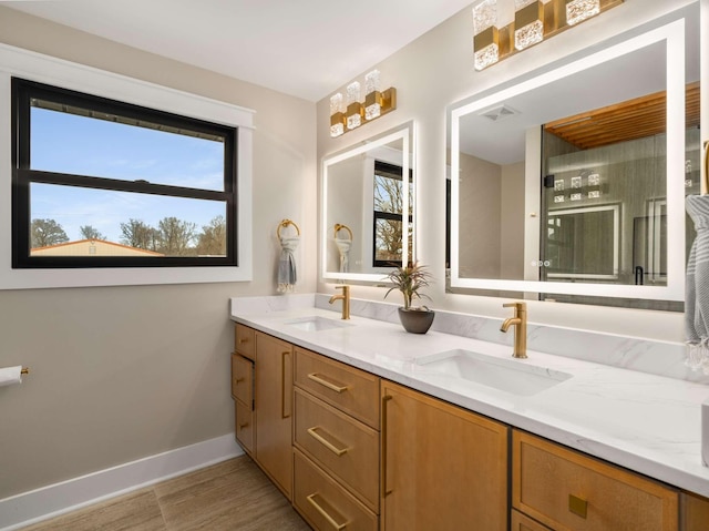 1015 Jump Off Rd, Bon Aqua, TN 37025 - bathroom featuring double vanity, plenty of natural light, and wood finished floors