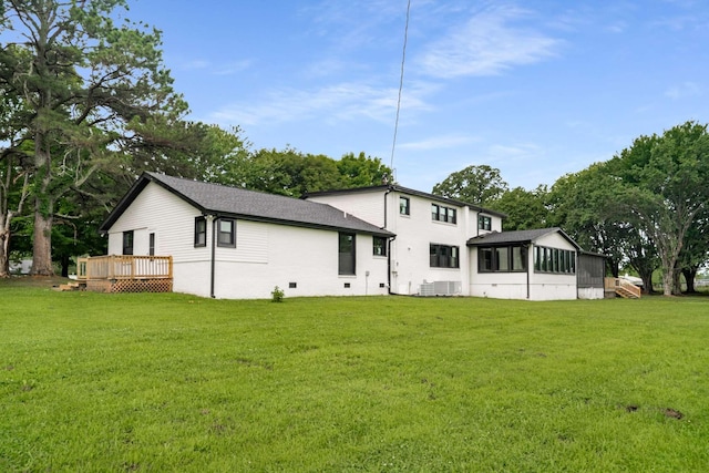 1015 Jump Off Rd, Bon Aqua, TN 37025 - back of house featuring a sunroom, a deck, a lawn, and crawl space