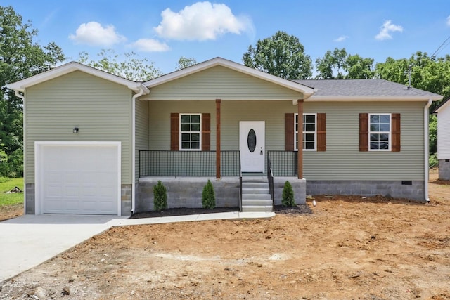 217 Dunnaway St, Shelbyville, TN 37160 - ranch-style house with a porch, concrete driveway, crawl space, and a shingled roof