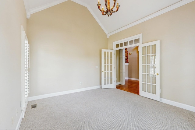 915 Joel Cheek Blvd, Franklin, TN 37064 - carpeted empty room with french doors, a chandelier, ornamental molding, and high vaulted ceiling