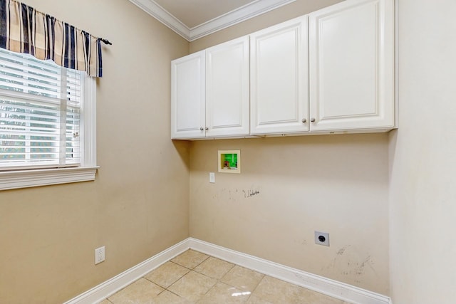 915 Joel Cheek Blvd, Franklin, TN 37064 - laundry room featuring hookup for an electric dryer, cabinet space, hookup for a washing machine, crown molding, and light tile patterned floors