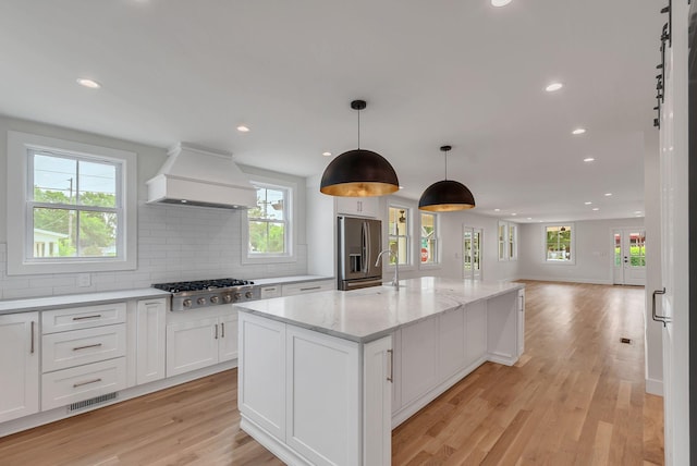 300 Natchez St, Franklin, TN 37064 - kitchen featuring custom exhaust hood, stainless steel appliances, white cabinetry, tasteful backsplash, and healthy amount of natural light