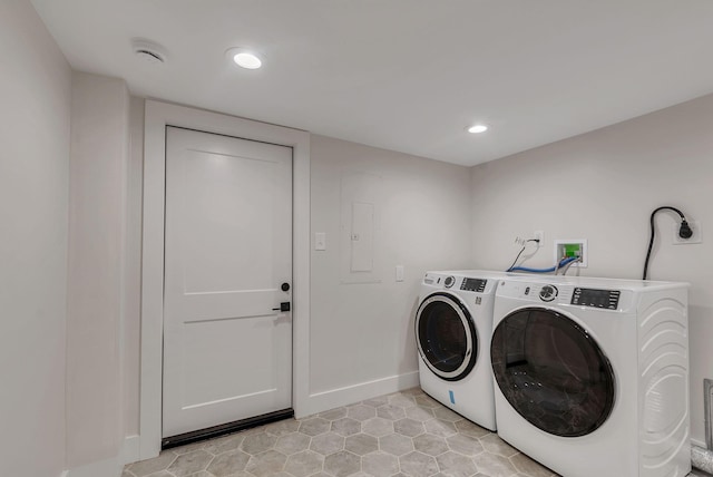 300 Natchez St, Franklin, TN 37064 - laundry area featuring independent washer and dryer, recessed lighting, and light tile patterned floors
