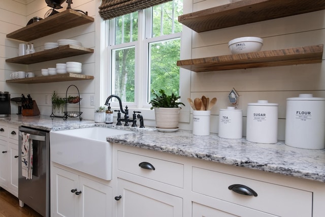 4150 Knipfer Rd, Joelton, TN 37080 - kitchen with open shelves, dishwasher, white cabinets, and light stone countertops