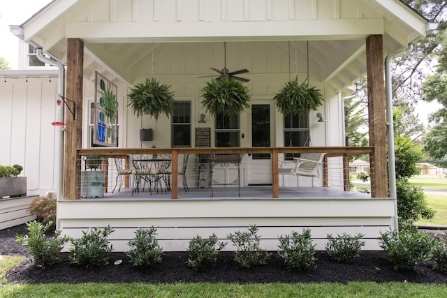 4150 Knipfer Rd, Joelton, TN 37080 - entrance to property with board and batten siding, a ceiling fan, and covered porch
