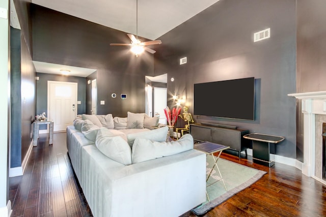 1029 Charles Thomas Dr, Clarksville, TN 37042 - living room with high vaulted ceiling, hardwood / wood-style floors, ceiling fan, and a fireplace