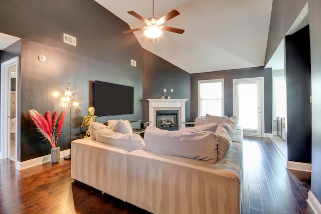 1029 Charles Thomas Dr, Clarksville, TN 37042 - living room featuring high vaulted ceiling, ceiling fan, dark wood-style floors, and a fireplace