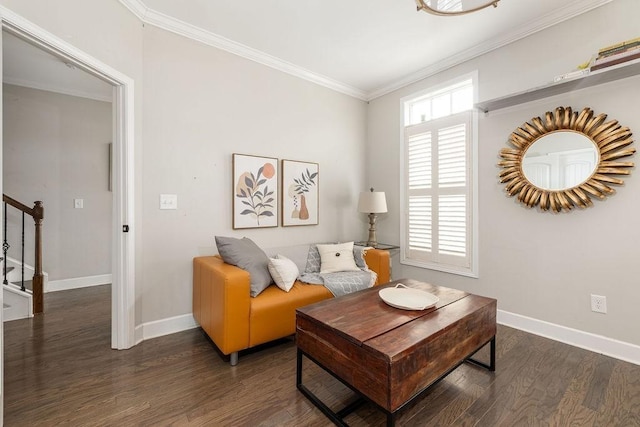 6067 Keats St, Franklin, TN 37064 - living area featuring crown molding, stairs, and dark wood-style flooring