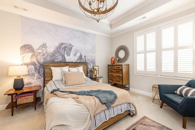 6067 Keats St, Franklin, TN 37064 - bedroom with a chandelier, light colored carpet, crown molding, and a tray ceiling