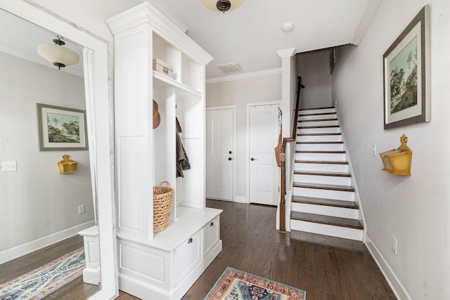 6067 Keats St, Franklin, TN 37064 - mudroom featuring dark wood finished floors and ornamental molding