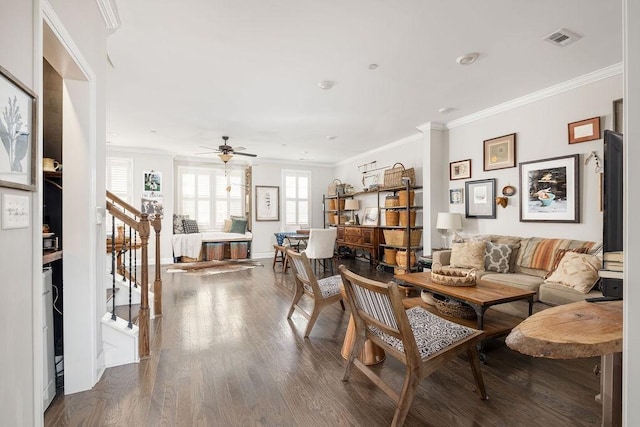 6067 Keats St, Franklin, TN 37064 - living room with crown molding, stairway, wood finished floors, and ceiling fan