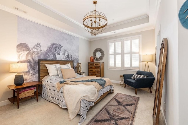 6067 Keats St, Franklin, TN 37064 - bedroom with a chandelier, light carpet, crown molding, and a raised ceiling