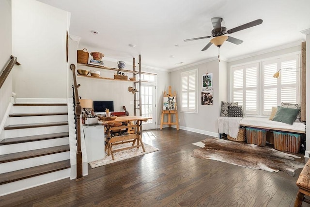 6067 Keats St, Franklin, TN 37064 - living room with plenty of natural light, ornamental molding, wood finished floors, an office area, and ceiling fan