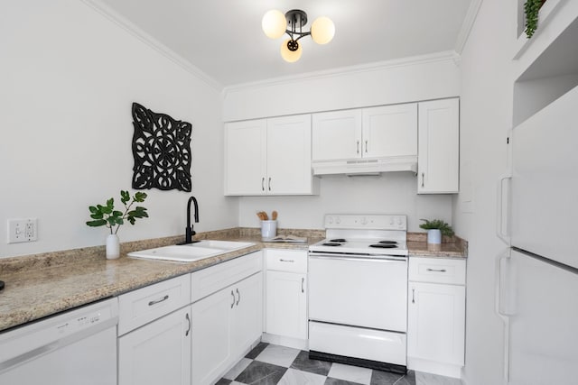 2020 Beech Ave Unit B13, Nashville, TN 37204 - kitchen featuring white appliances, under cabinet range hood, ornamental molding, and white cabinets