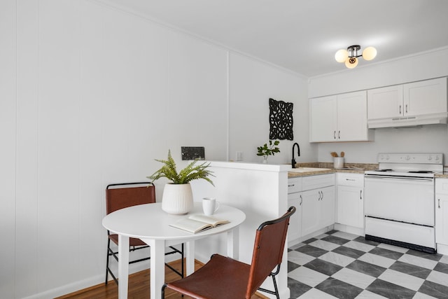 2020 Beech Ave Unit B13, Nashville, TN 37204 - kitchen featuring white range with electric cooktop, under cabinet range hood, crown molding, light countertops, and white cabinetry