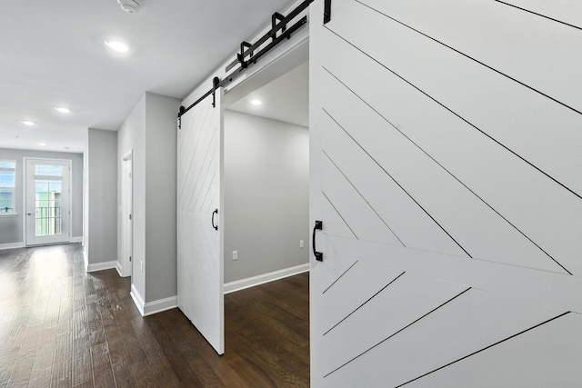 1000 Vintage Green Ln Unit 1201, Franklin, TN 37064 - hall with a barn door, dark wood-type flooring, and recessed lighting