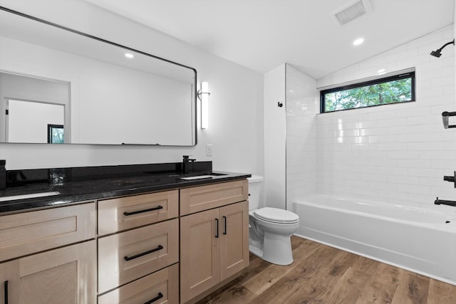 263 Eleanor Dr SW, Cleveland, TN 37311 - full bathroom featuring double vanity, wood finished floors, shower / bathtub combination, and vaulted ceiling