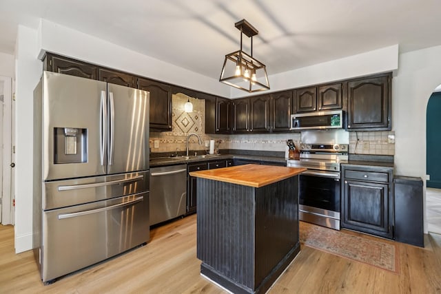 121 La View Rd, Hendersonville, TN 37075 - kitchen with stainless steel appliances, butcher block countertops, dark brown cabinets, light wood-type flooring, and decorative backsplash