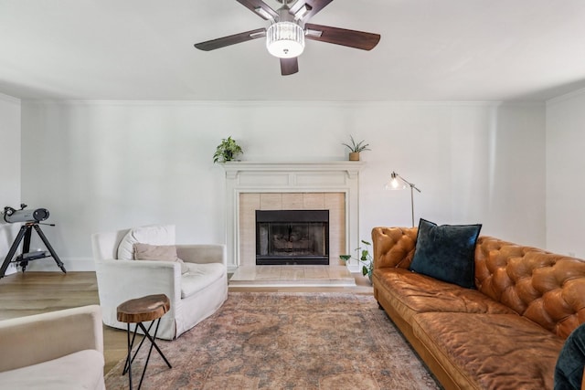 121 La View Rd, Hendersonville, TN 37075 - living room featuring wood finished floors, ornamental molding, ceiling fan, and a fireplace