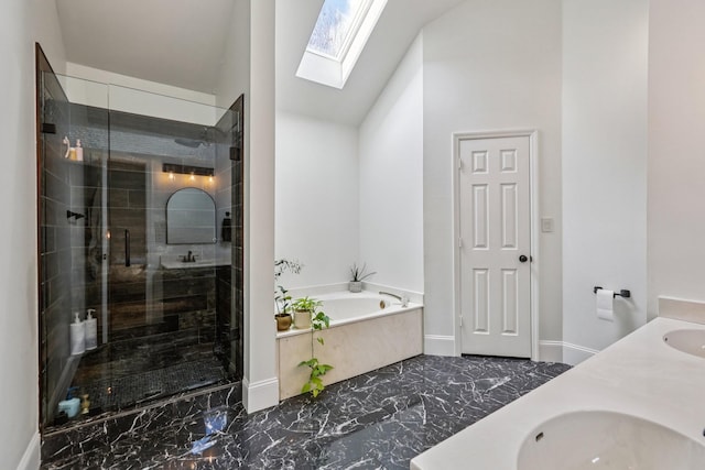 121 La View Rd, Hendersonville, TN 37075 - full bathroom with a garden tub, a skylight, marble finish flooring, a stall shower, and double vanity