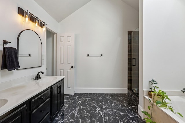 121 La View Rd, Hendersonville, TN 37075 - full bathroom featuring marble look tile flooring, double vanity, a shower with door, a tub to relax in, and vaulted ceiling