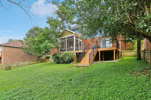 121 La View Rd, Hendersonville, TN 37075 - rear view of house featuring stairs, a sunroom, a fenced backyard, a wooden deck, and brick siding