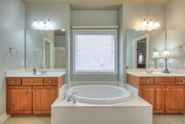 1222 Broadmoor Cir, Franklin, TN 37067 - full bath with a bath, two vanities, an enclosed shower, and tile patterned flooring