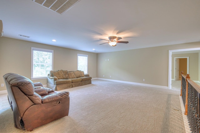 1222 Broadmoor Cir, Franklin, TN 37067 - living area with light colored carpet, a ceiling fan, and recessed lighting
