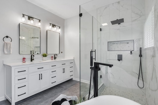 1057 Nealcrest Cir, Spring Hill, TN 37174 - full bathroom featuring a marble finish shower, double vanity, and a soaking tub