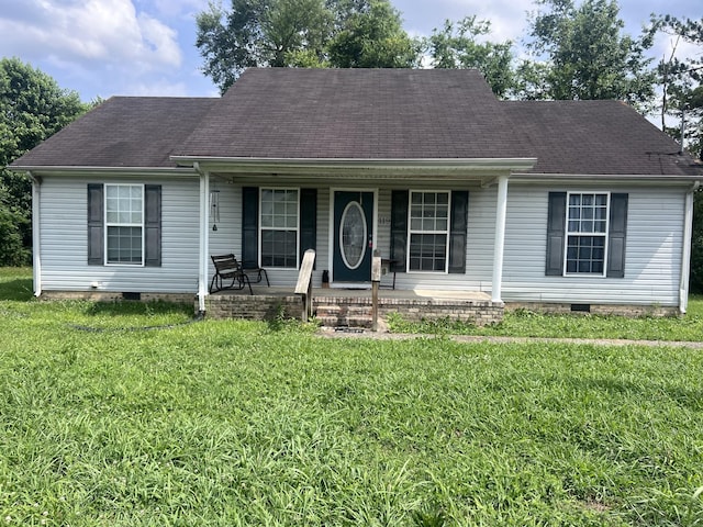 119 Boardwalk Way, Shelbyville, TN 37160 - view of front of house with crawl space, covered porch, a front yard, and a shingled roof