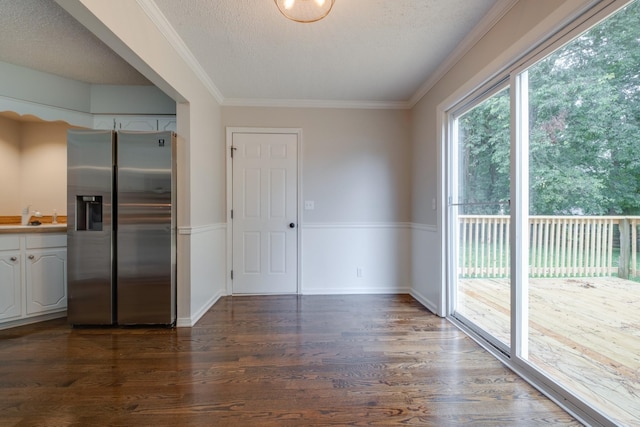 1524 Stone Hill Rd, Mount Juliet, TN 37122 - kitchen with stainless steel fridge, dark wood finished floors, a textured ceiling, white cabinets, and crown molding