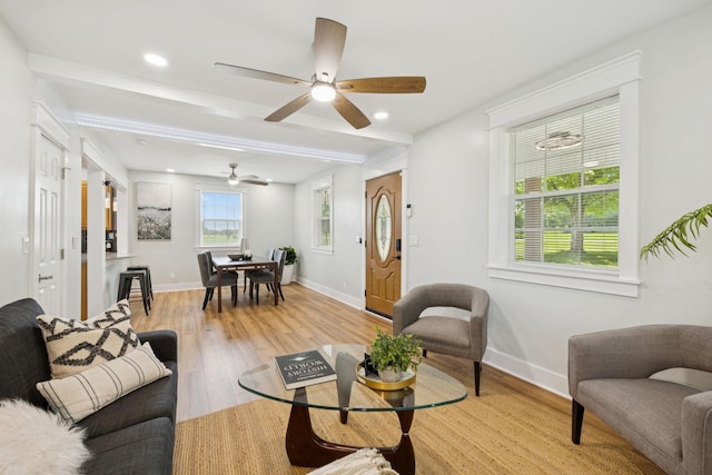 1237 Abiff Rd, Bon Aqua, TN 37025 - living area featuring light wood-style floors, ceiling fan, and recessed lighting