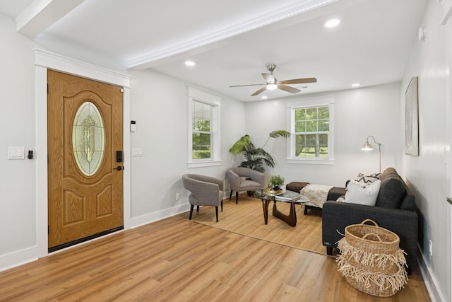 1237 Abiff Rd, Bon Aqua, TN 37025 - entryway featuring light wood finished floors, a ceiling fan, recessed lighting, and beam ceiling