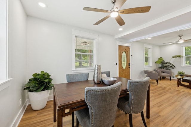 1237 Abiff Rd, Bon Aqua, TN 37025 - dining area featuring a ceiling fan, light wood-style flooring, and recessed lighting
