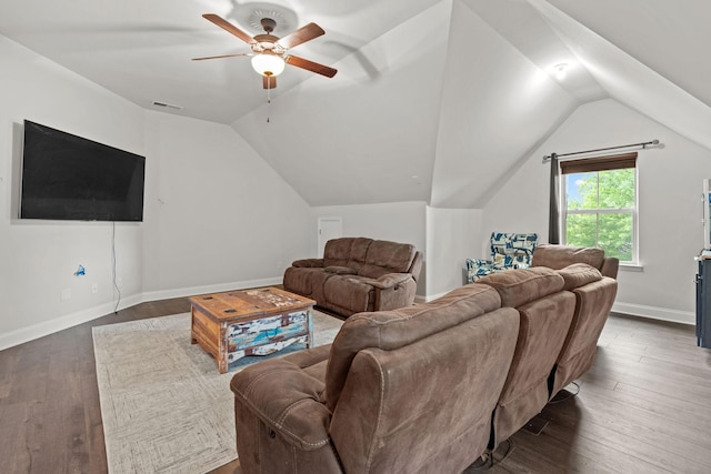 2957 Stewart Campbell Pt, Spring Hill, TN 37174 - living room featuring vaulted ceiling, a ceiling fan, and dark wood-type flooring