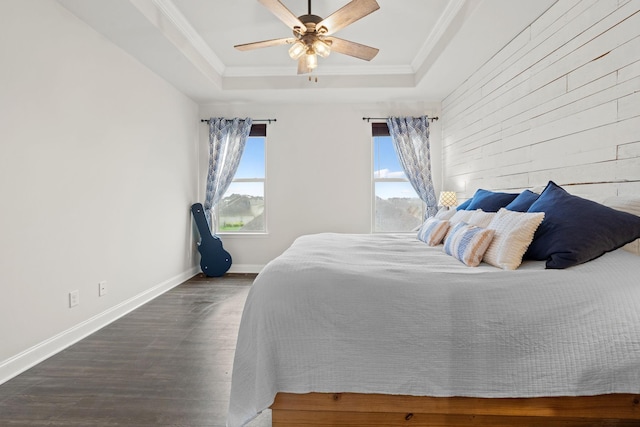 2957 Stewart Campbell Pt, Spring Hill, TN 37174 - bedroom with a raised ceiling, wood finished floors, wood walls, crown molding, and a ceiling fan