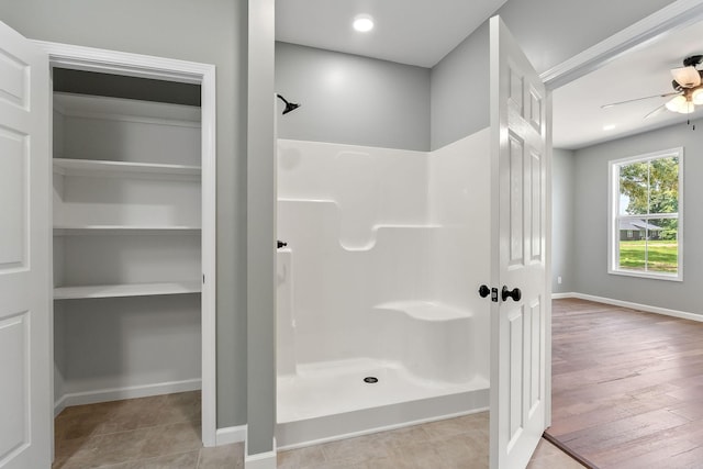 1554 Duncans Chapel Rd, Cookeville, TN 38506 - bathroom with a shower, ceiling fan, and wood finished floors