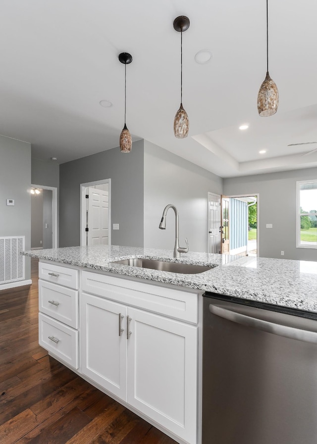 1554 Duncans Chapel Rd, Cookeville, TN 38506 - kitchen with dishwasher, dark wood-type flooring, white cabinetry, light stone counters, and recessed lighting