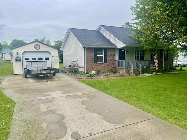 126 Kimberly St, Portland, TN 37148 - ranch-style house featuring a detached garage, an outdoor structure, a shingled roof, a porch, and a front yard