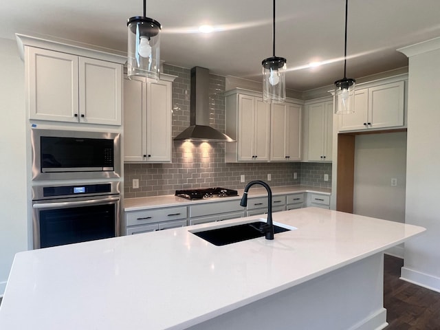 7274 Fairlawn Dr, Fairview, TN 37062 - kitchen featuring stainless steel appliances, wall chimney exhaust hood, dark wood-type flooring, tasteful backsplash, and light countertops