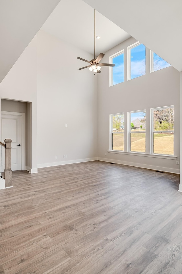 7274 Fairlawn Dr, Fairview, TN 37062 - unfurnished living room with high vaulted ceiling, light wood-type flooring, and ceiling fan