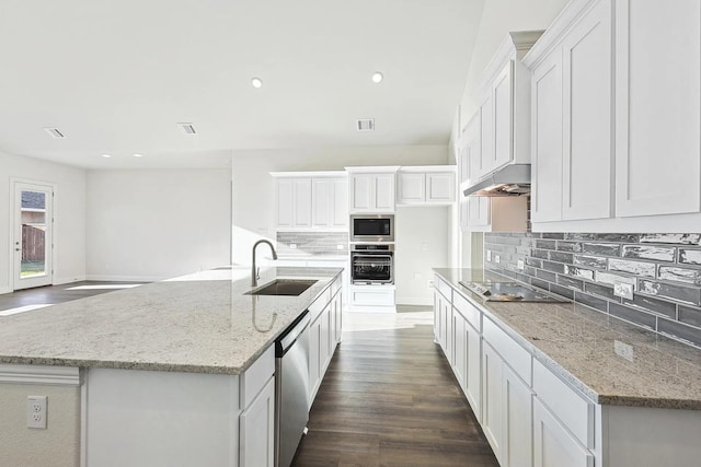 7235 Fairlawn Dr, Fairview, TN 37062 - kitchen with black appliances, under cabinet range hood, white cabinets, decorative backsplash, and dark wood finished floors