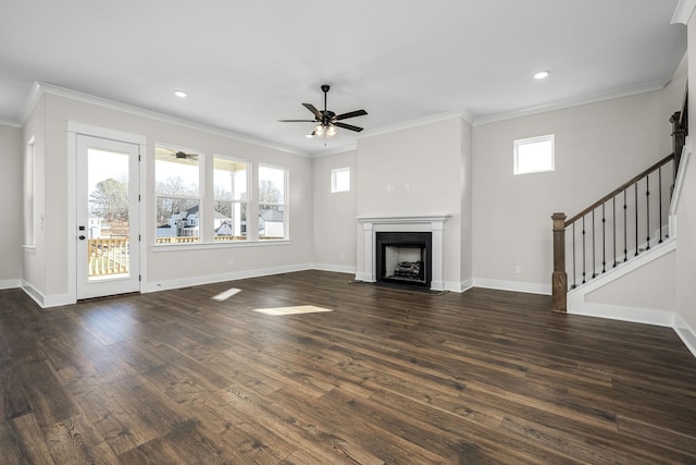 7253 Fairlawn Dr, Fairview, TN 37062 - unfurnished living room with ceiling fan, dark wood-type flooring, crown molding, a fireplace with flush hearth, and stairway