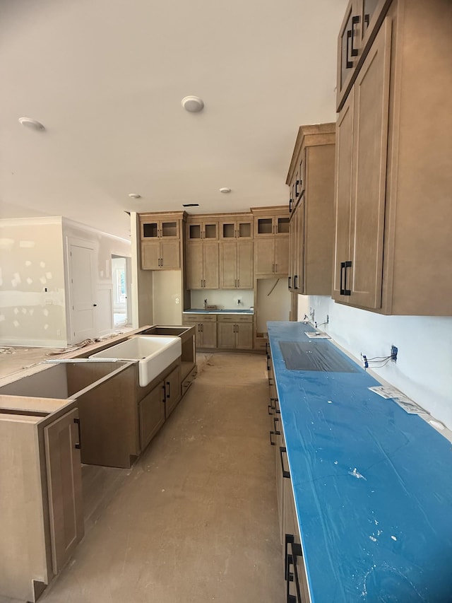 7253 Fairlawn Dr, Fairview, TN 37062 - kitchen with electric cooktop, a kitchen island, concrete floors, and glass insert cabinets