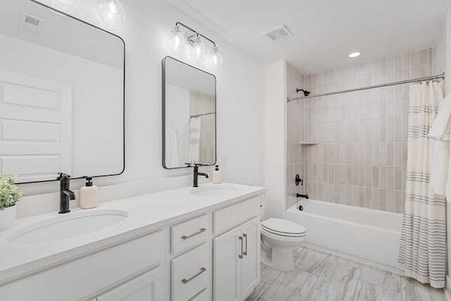 665 Conifer Dr, Spring Hill, TN 37174 - bathroom with double vanity, shower / bath combination with curtain, and marble look tile flooring