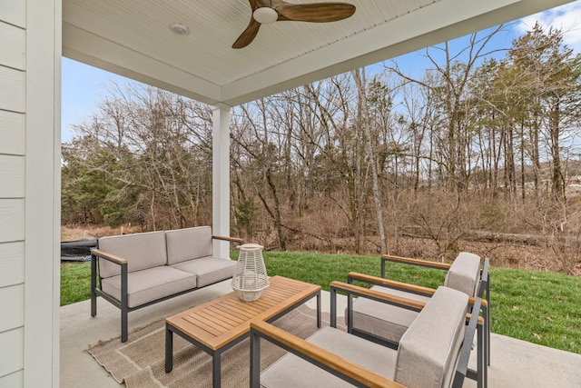665 Conifer Dr, Spring Hill, TN 37174 - view of patio featuring an outdoor hangout area, a ceiling fan, and view of wooded area